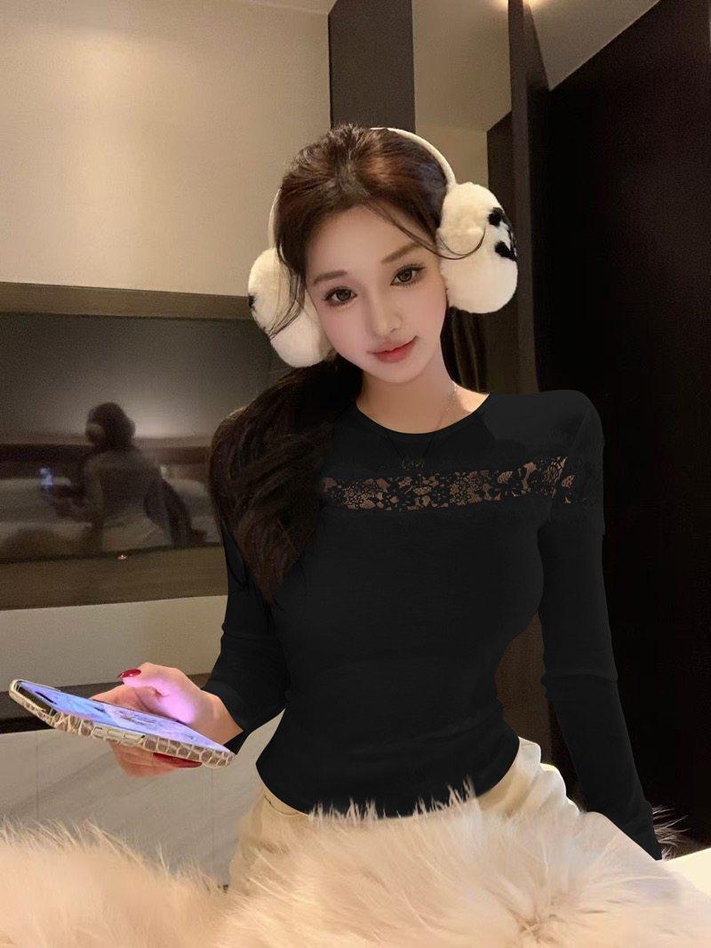 Women s Black Lace Patchwork Slim Fit Long Sleeve Winter Top Large чёрный