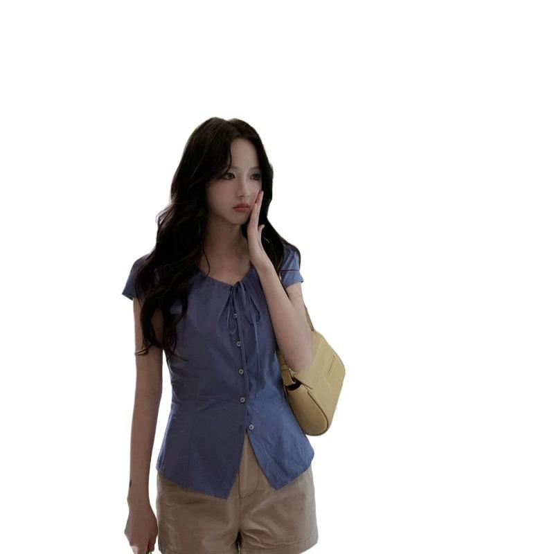 Ladies' Blue Shirt Female Bow Tie Waist Cinching Short Sleeved Blouse Summer New Korean Version Slimming Versatile Top