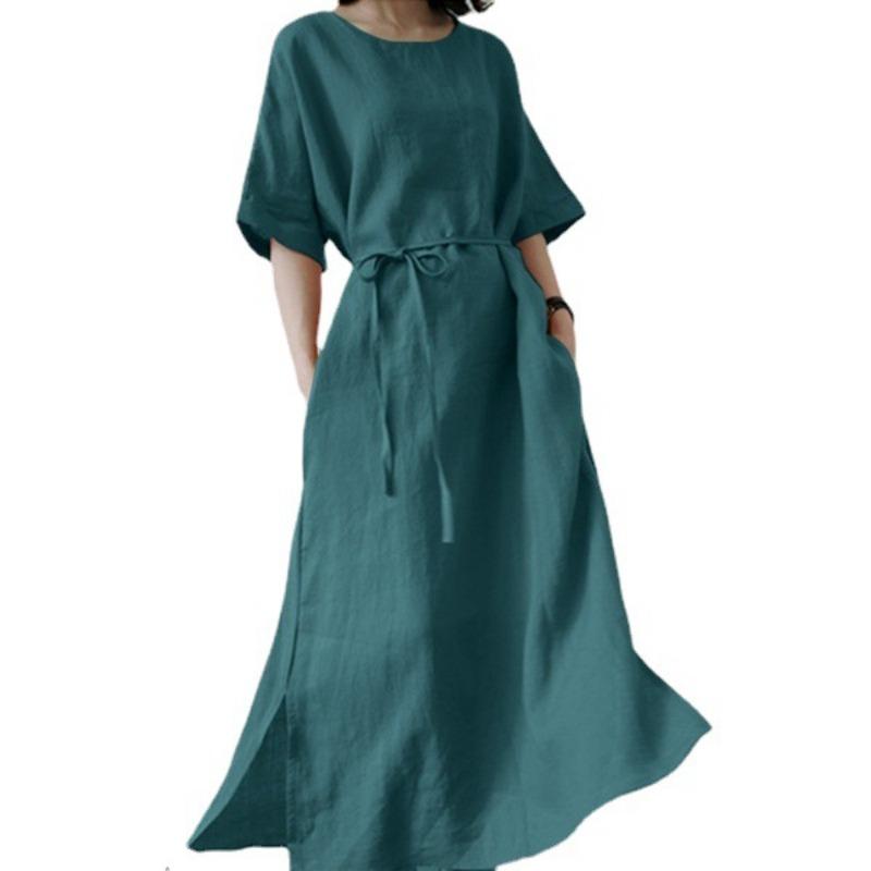 Sommerkleid mit Schlitz unten, elegantes, kurzärmeliges, lässiges Gürtelkleid für Damen