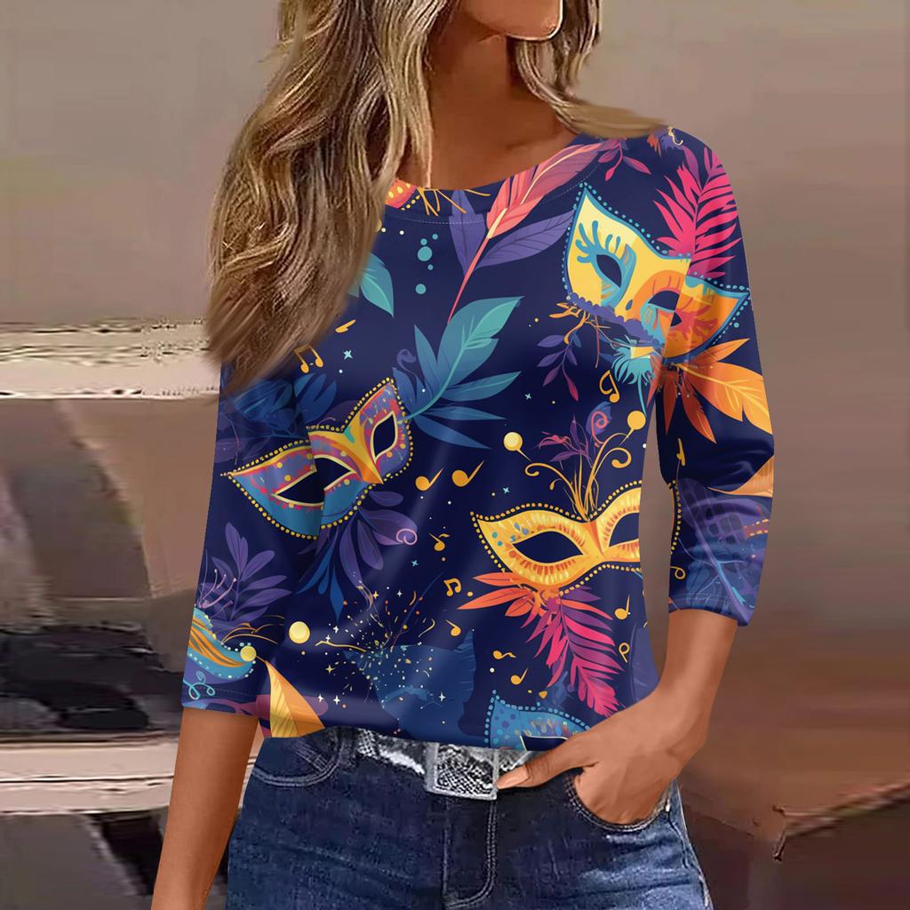 3/4 Length Sleeve Womens Tops Floral Print Vintage Fashion Casual Loose With Round Neck Plus Size Shirts