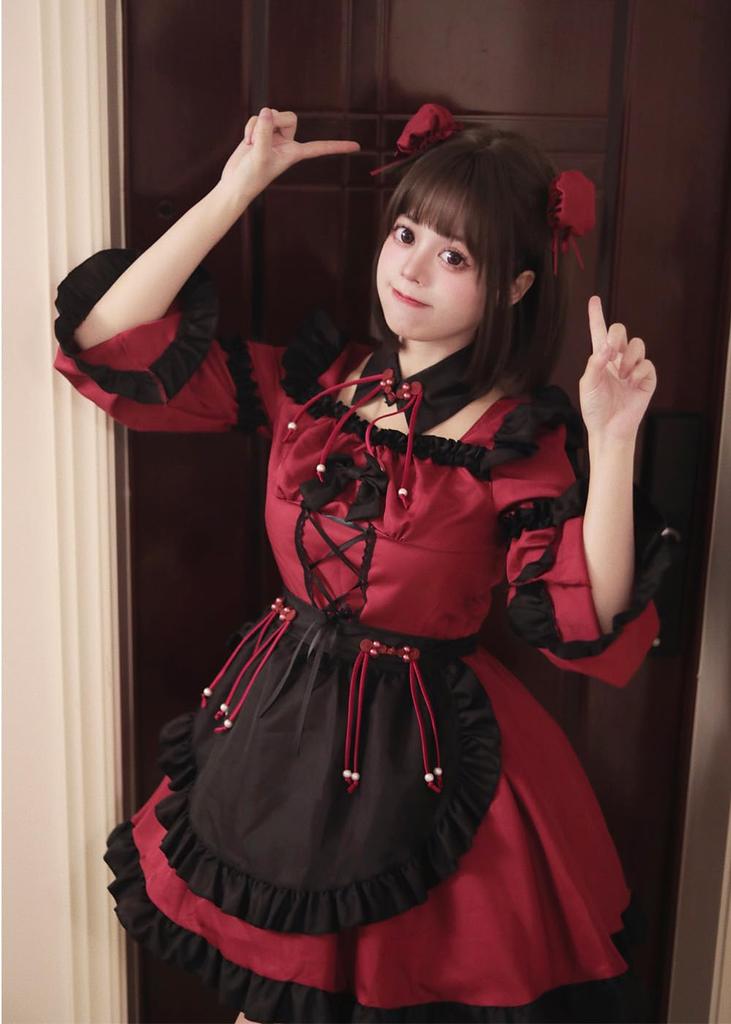 Red Lolita Maid Open Perfect for and Stage Long Cute Set for Women and Includes Socks [RPFLQ] Dress, Chest, Cafes, Halloween, Cosplay, Wear. Sleeves,