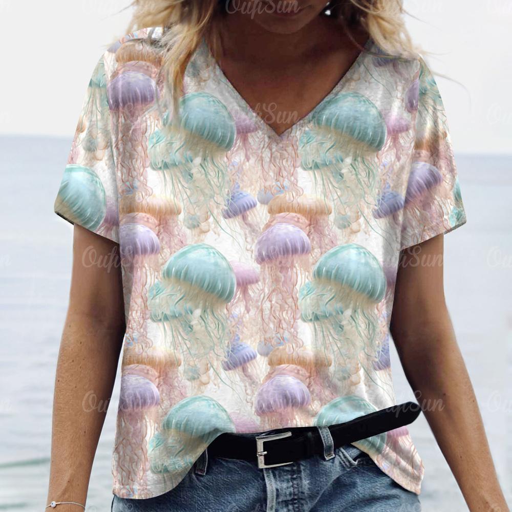 

Женская футболка с коротким рукавом, летние женские футболки, одежда большого размера с принтом морской жизни, свободные топы с v-образным вырезом, футболка, уличная одежда 8XL