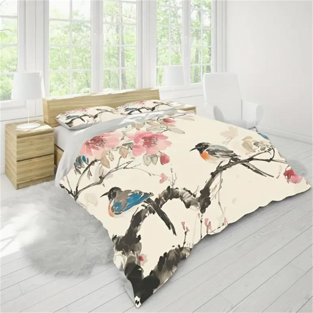 3pcs Polyester Duvet Cover Set (1*Duvet Cover + 2*Pillowcase, Without Core), Chinese Style Ink Painting Floral Bird Printed All