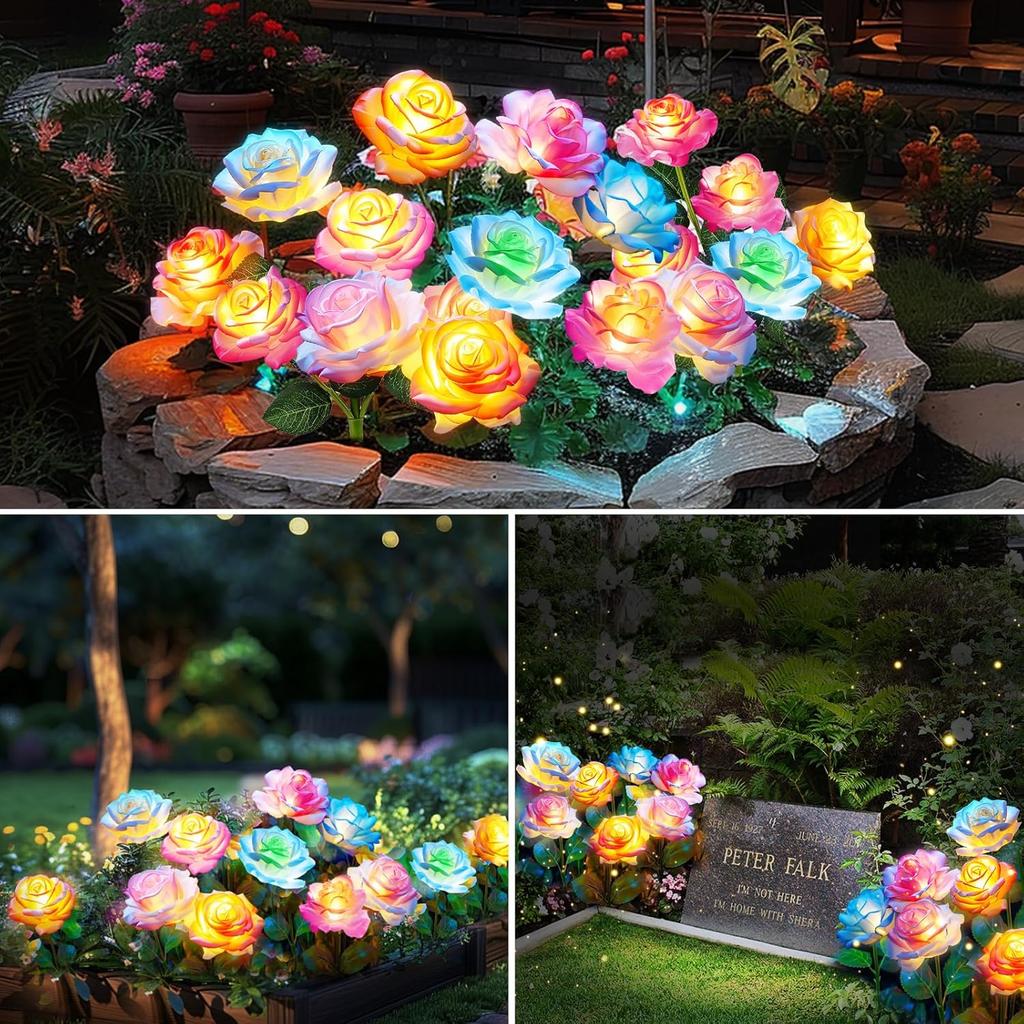 Rose Light Solar Powered Garden Lamp Waterproof Yard Decorations Outdoor Balcony Flower Garden Stake Solar Light Cemetery Decor