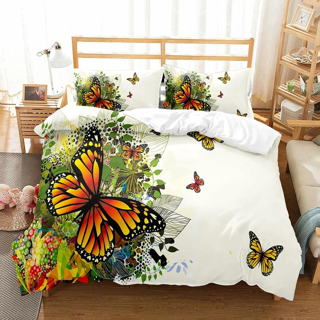 Butterfly And Flower Duvet Cover Girls Botanical Floral Bedding Set Microfiber Garden Flower Print Quilt Cover Twin King Size