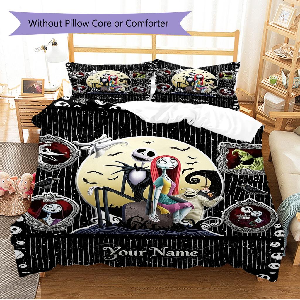 Name Individuelles Jack & Sally Muster Bettwäscheset Bettbezug Kissenbezug Heimdeko Geschenk (1 Bettbezug + 2 Kissenbezüge, ohne Füllung)