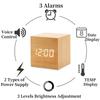 Voice Control  Wooden Digital Alarm Clock TEMP Date 3 Alarms Desktop Electronic Table Clock 12/24H USB Powered LED Bedside Clock