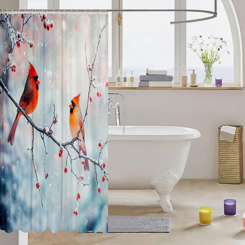 3D Cardinal Bird Shower Curtainkids Farmhouse Red Birds Bathroom Shower Curtain Set For Boys Snowflake Tree Branches Cute Animal