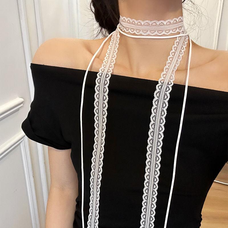 Atmosphere Lace Ribbon Scarf Choker, Long Streamer Stackable Clavicle Neck Tie Accessory