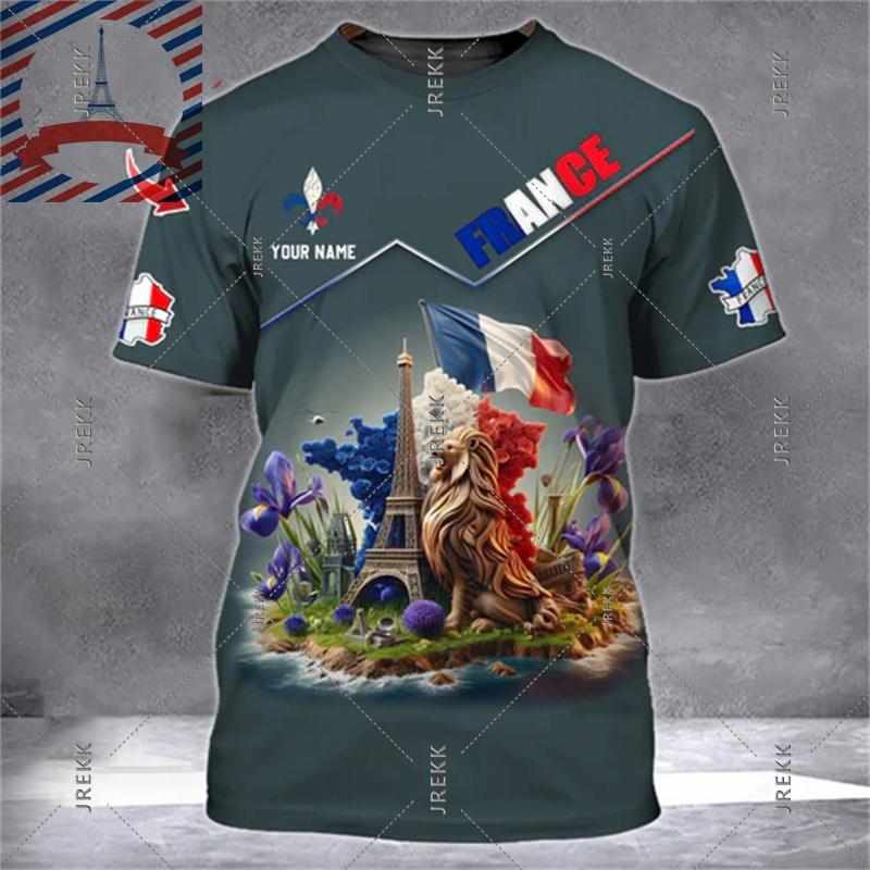 Französisches Flag Football T-Shirt für Herren 3D-Druck Hahn Rundhals-T-Shirts Benutzerdefinierter Name Streetwear Sommer Mode Trend Tee
