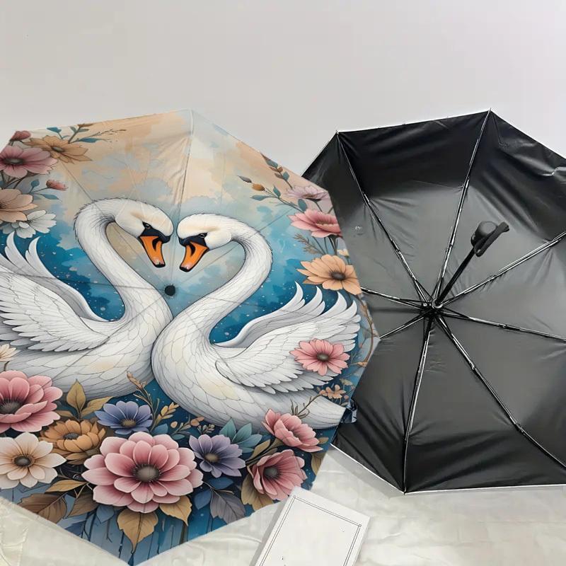 1pc Swans Flowers Automatic Open/Close Umbrella Compact Folding Umbrella with 8-Rib Shaft for Women/Men, Elegant Birthday1134S