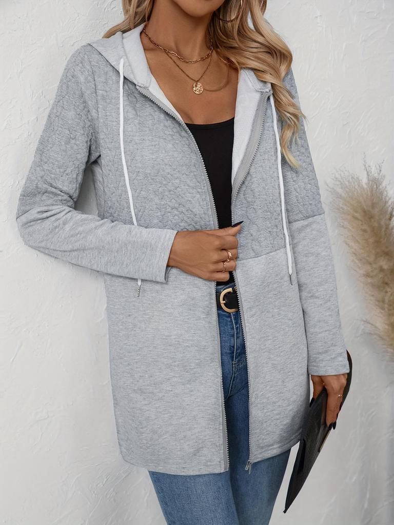 2025 Women's Autumn and Winter Solid Color Corrugated Pocket Stitching Casual Loose Women's Hooded Jacket