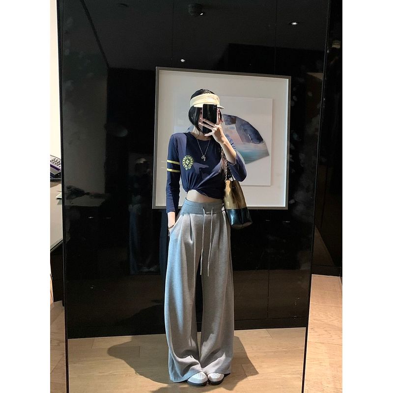 Pants Loose and Lazy Style High Waist Casual Pants Women Autumn Slimming Drooping Wide-Leg Pants Easiest for Match Black Mop Trousers