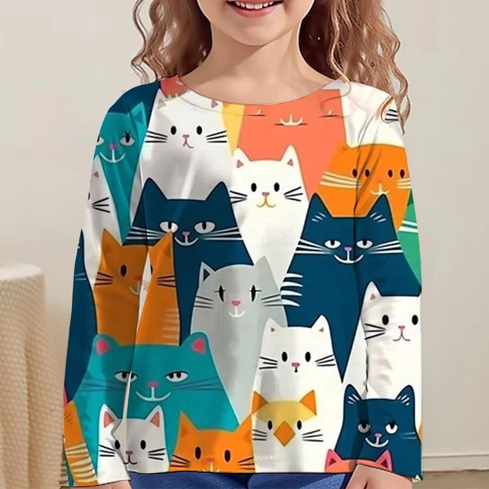 

Дитяча різнокольорова футболка з 3D цифровим друком кота, модна та повсякденна, для дівчаток, з круглим вирізом і довгим рукавом 130 помаранчевий