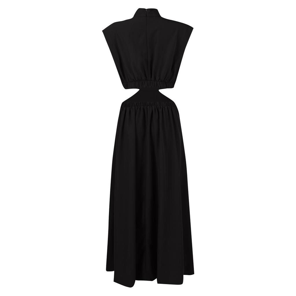 Women's Color Casual High Neck High Waist Maxi Pocket Open Waist Maxi Dress