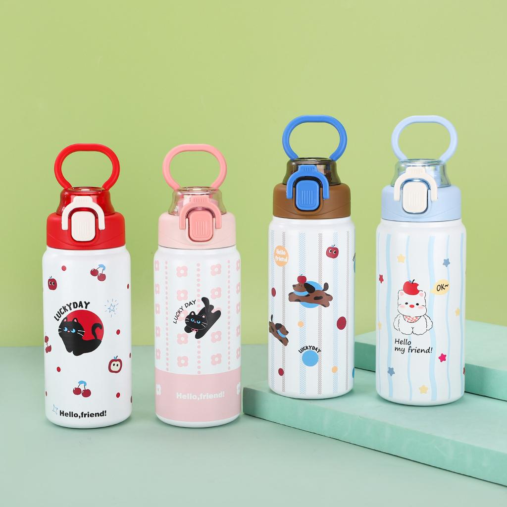 Creative Kids Thermos Drinking Cup Simple Stainless Spring Cap Double Drink Straw Cup Mug Outdoor Portable Sports Handled Cup