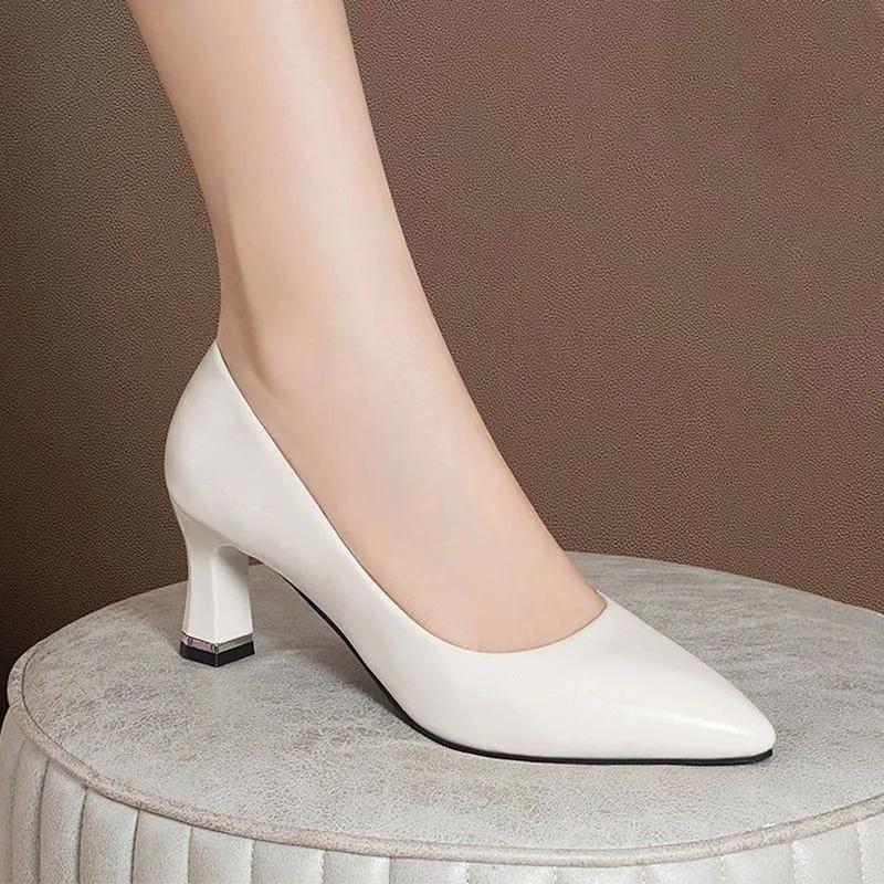 Módní dámské vysoké podpatky 2025 Jaro a podzim Nový styl Hrubý podpatek Mělká špička Jednoduchá bota Špičatá Profesionální kancelářská obuv