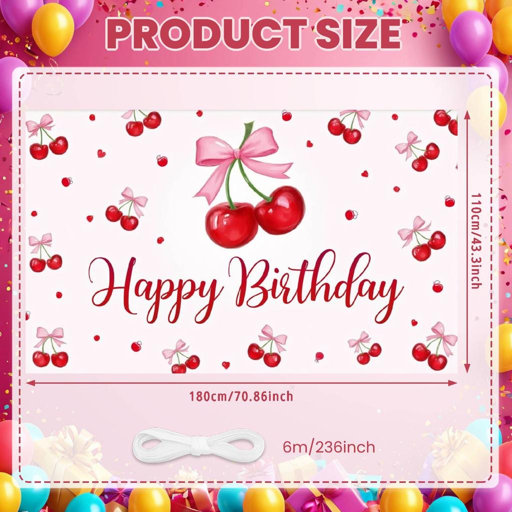 Happy Birthday Banner Sweet Pink Bowknot Cherry Pattern Birthday Party Decoration Backdrop Fruit Theme Photo Background Shoot