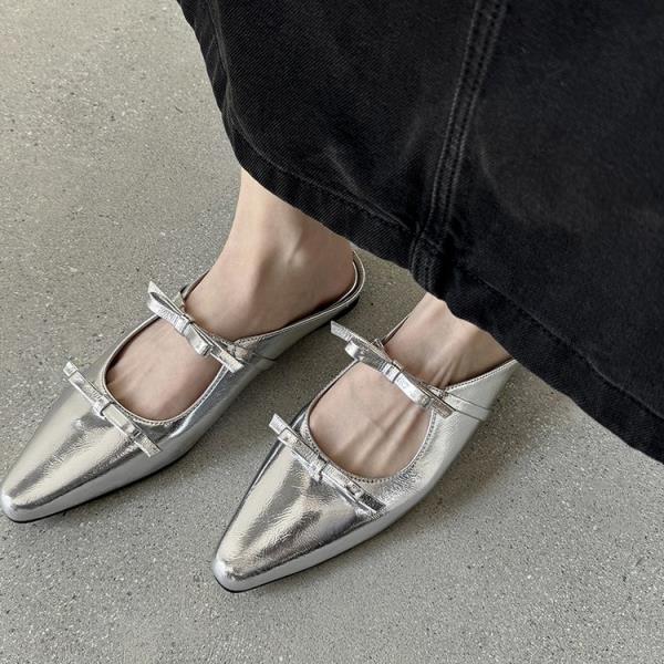 Fashion Cover Toe Mules For Women 2025 Ladies' Slippers Low Butterfly-Knot Pointed Summer Slides PU Butterfly-knot Synthetic Rubber Fabr