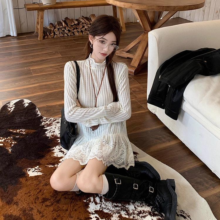 {Original cloth 90 cotton 10 anlon} Sweet lace loose T-shirt women's autumn design stacked shirt