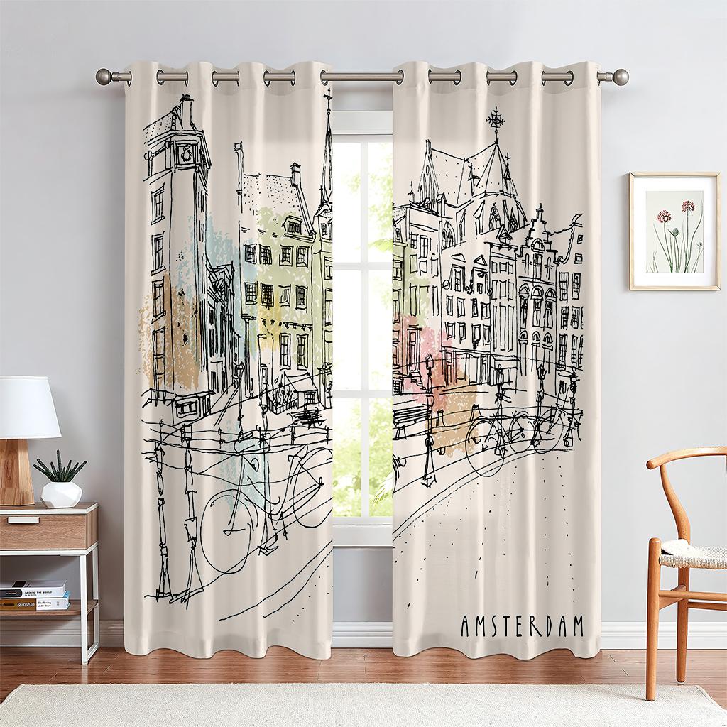 Stadtgebäude 3D-gedruckte Vorhänge Straßenansicht Flussblick Schwarzweiß Handgemalt Industriestil Wohnzimmer Vorhänge 2 Stück