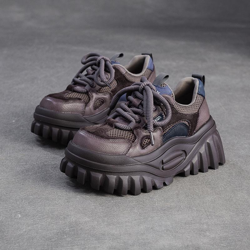 Johnature Genuine Leather Splicing Mesh Casual Shoes Lightweight Lace Up Thick Soled Women's Shoes