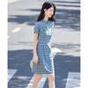 Women's New Chinese Style Plaid Short-Sleeved Qipao Midi Dress