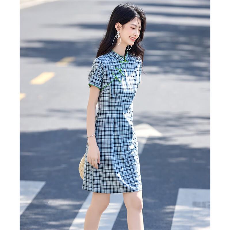 Women's New Chinese Style Plaid Short-Sleeved Qipao Midi Dress