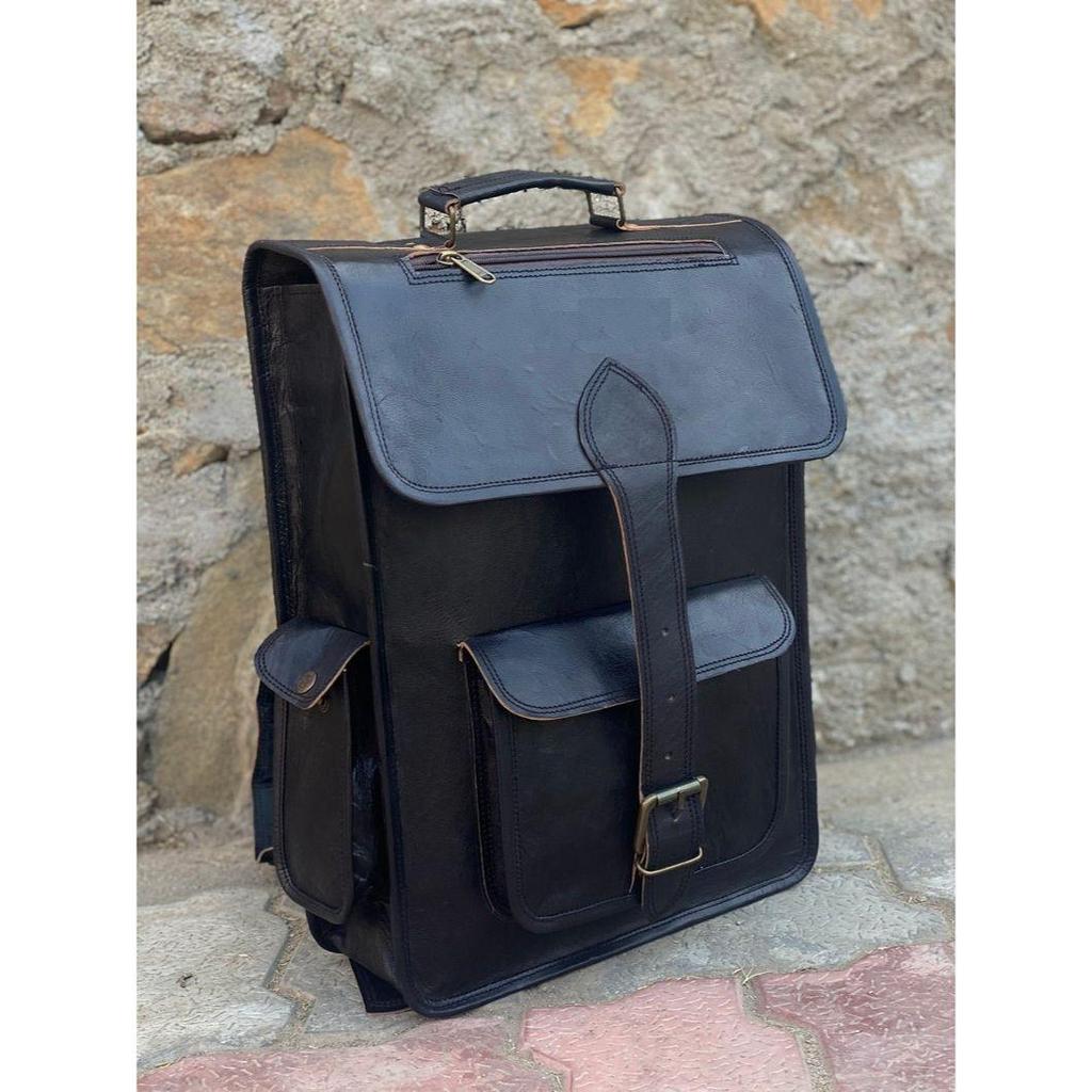 Leather Goat Genuine Leather Men's Backpack Bag Laptop Satchel Case Black Vintage Bag