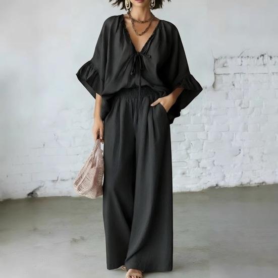 Conjuntos de Verano de 2 Piezas para Mujer, Top con Volantes de Media Manga y Cuello en V a Juego con Pantalones de Pierna Ancha, Conjuntos de Salón para Vacaciones con Bolsillos