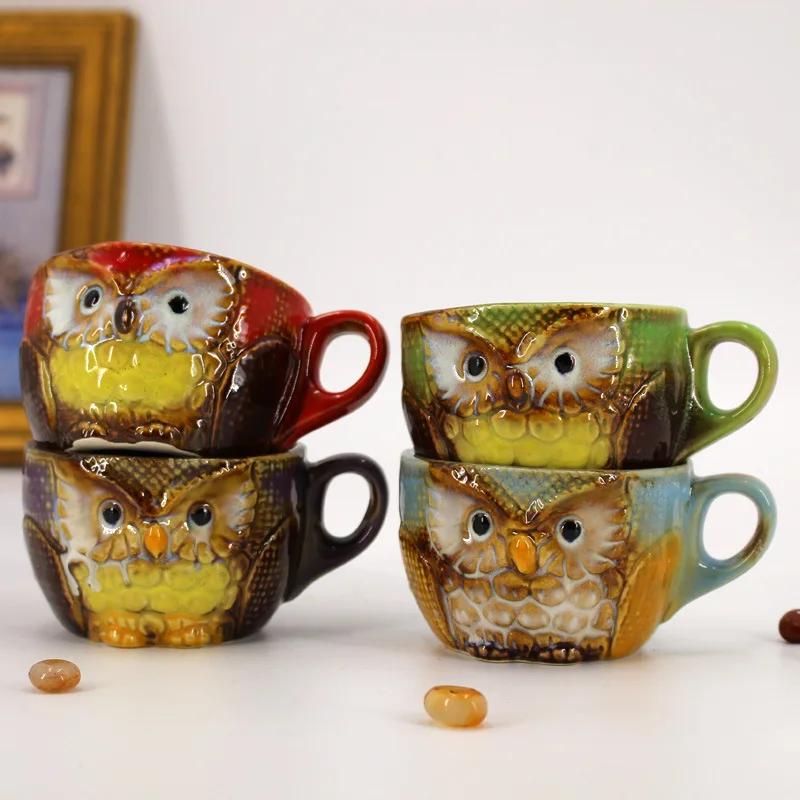 

Painted Owl Mug Ceramic Cups Afternoon Tea Teacup Milk Fruit Juice Container Cartoon Owl Relief Coffee Cup Mugs with Lid 101-200ml