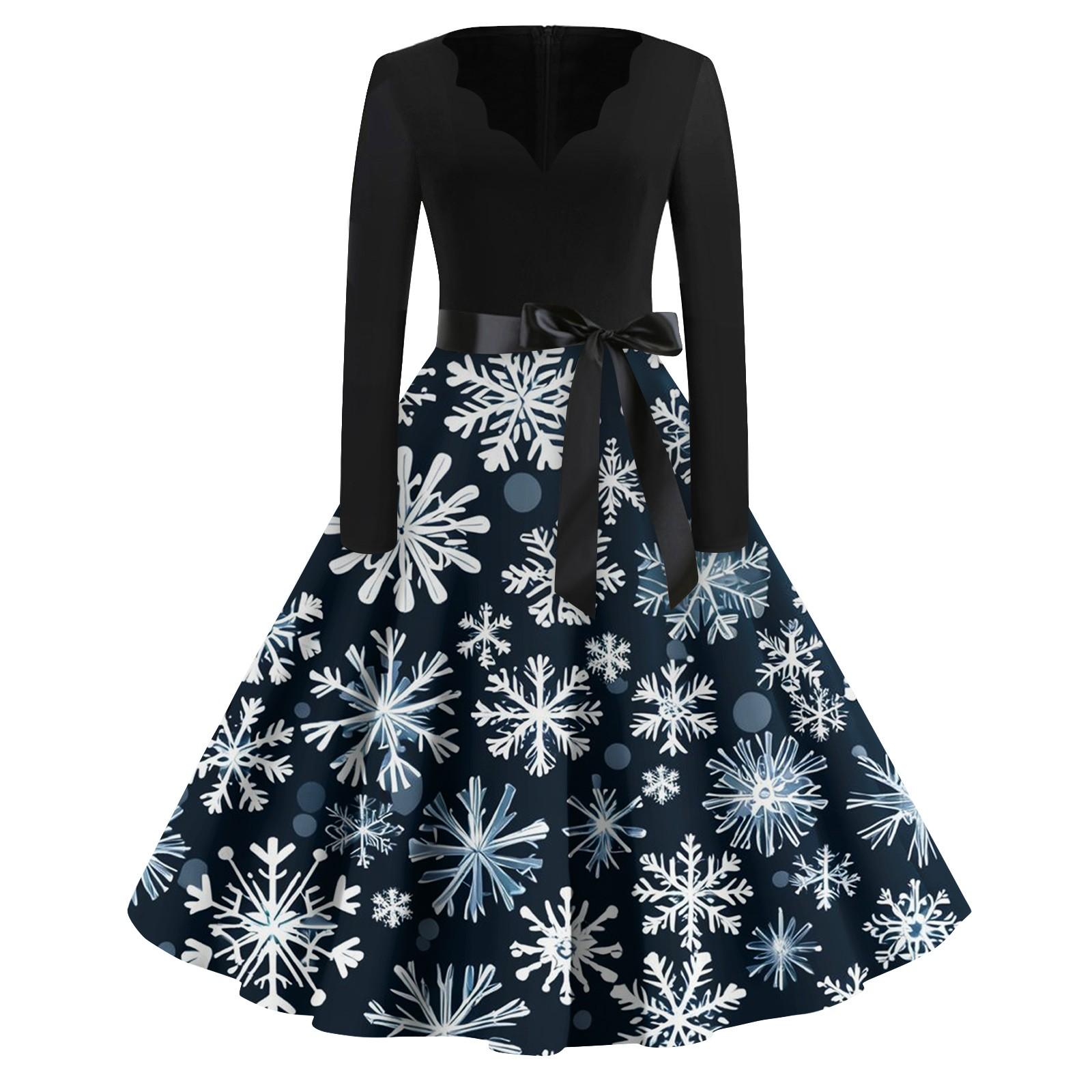 

Жіночі модні вінтажні вечірні сукні з довгим рукавом і V-подібним вирізом з різдвяним принтом Сукні XXXXXL Темно-синій