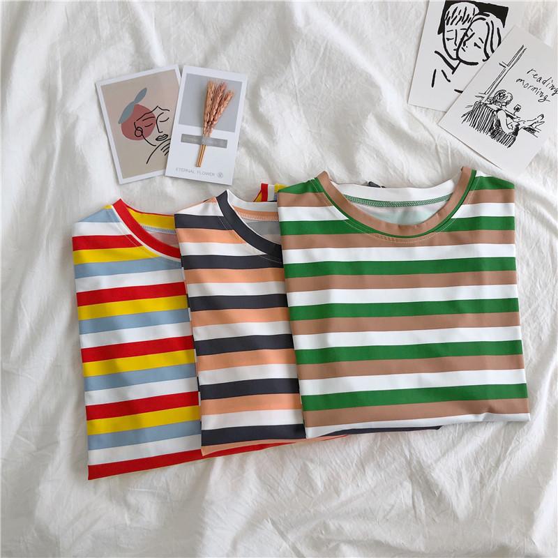 Summer Women's Colorful Stripes Casual Loose Short Sleeve Female T-shirt Y2k Tops Tees Women 90s T-shirts Harajuku Women T Shirt