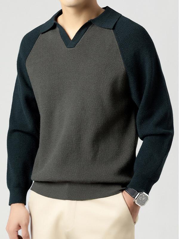 Men's Fashionable Turn-Down Collar Knit Sweater - Casual, Versatile Long-Sleeve Top