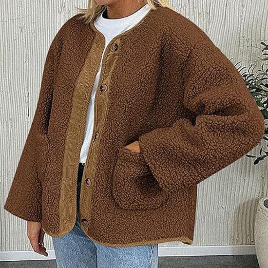 Women's Warm Winter Coat Collarless Casual Long Sleeve Button Plush Lamb Suede Jacket Coat