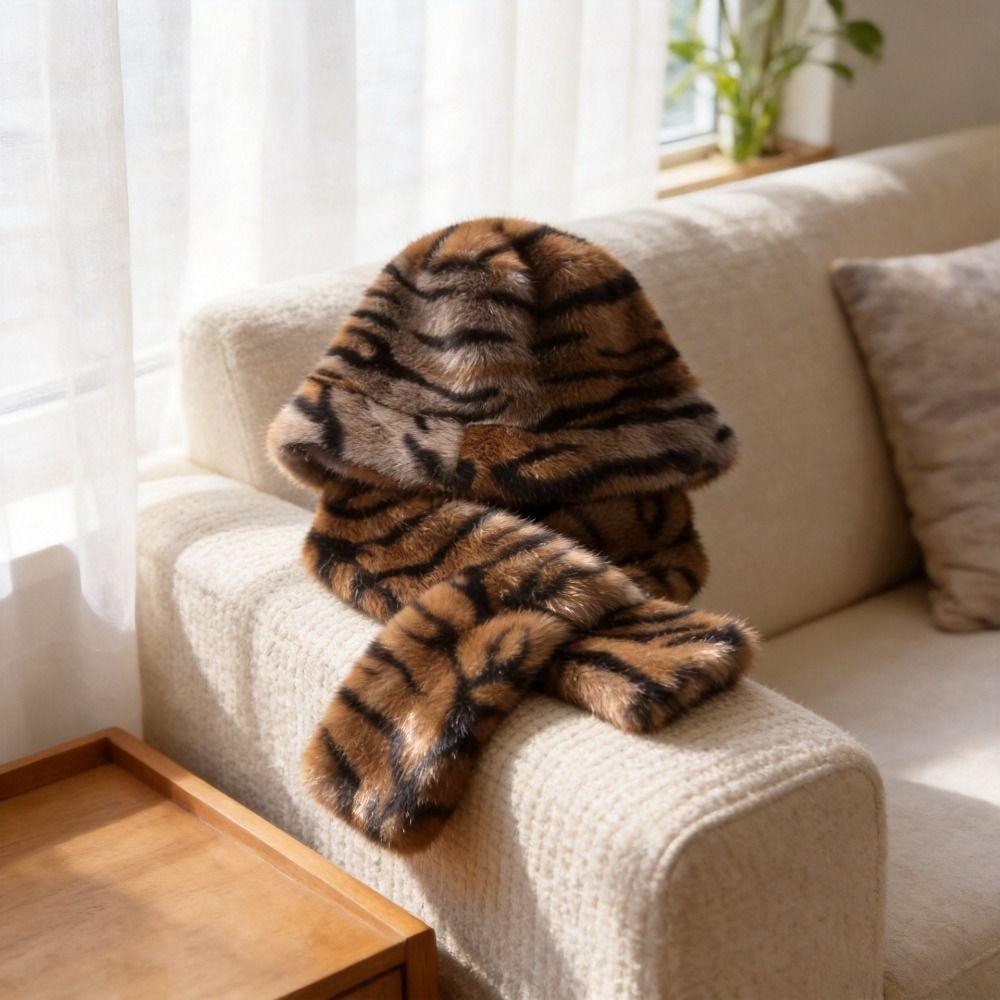 Faux Mink Fur Faux Fur Hat Thick Warm Mink Fur Bucket Cap Leopard Print Scarf  Women Ladies