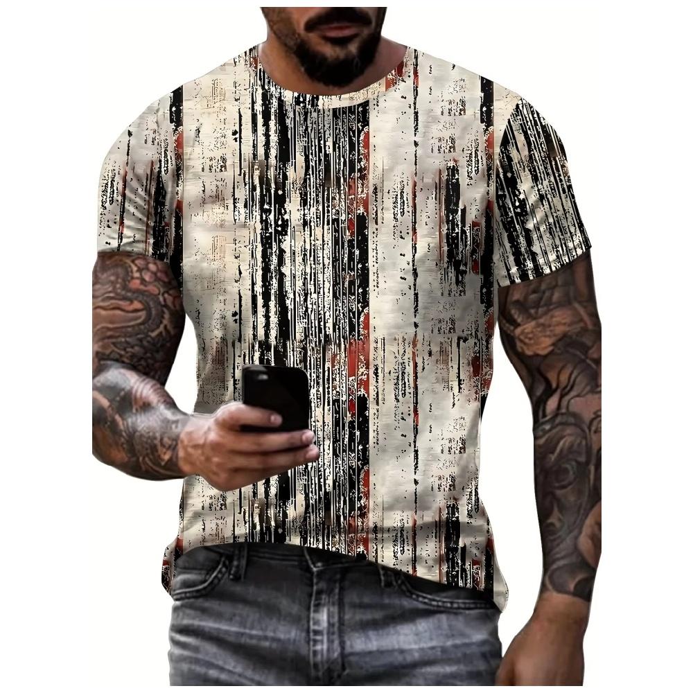 Men s Striped Pattern 3D Printed T-shirt, Summer Casual Chic Round Neck Top, Short Sleeved Outdoor Comfortable Personalized Short Sleeved Clothing XXL