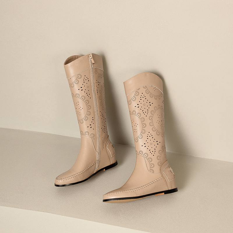 Krazing Pot Rindsspaltleder Runde Zehe Größe 43 Sommerstiefel Mode Ritterstiefel Hohle Verzierungen Herbststiefel Oberschenkelhohe Stiefel