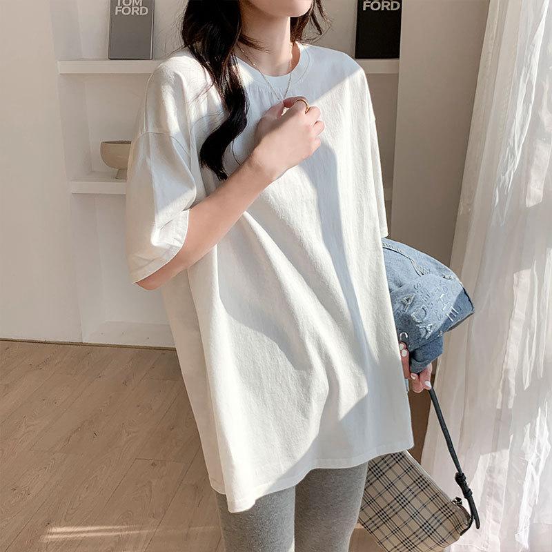 

White short-sleeved T-shirt women s spring and summer new loose and thin lazy style versatile round neck half-sleeved long top S белый