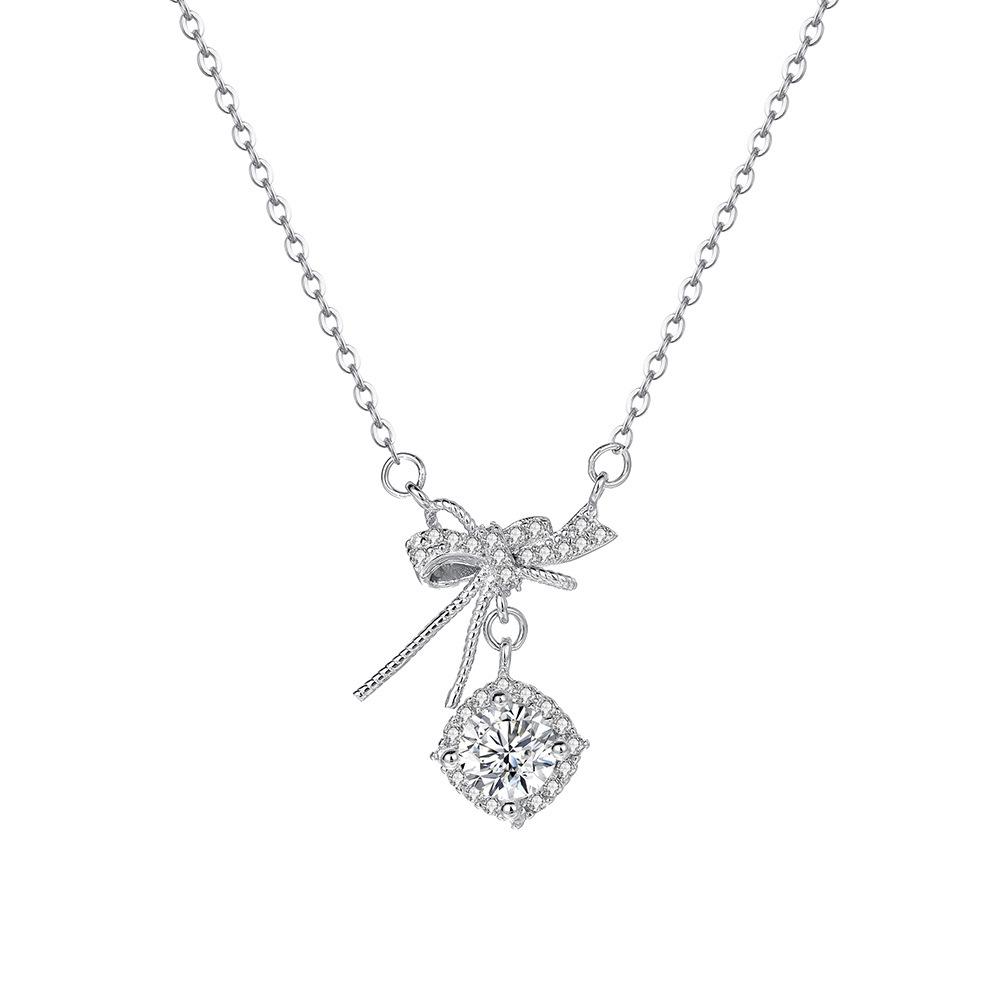 S925 Sterling Silver Zirconia Bow Necklace, Sweet Fairy Style Gift for Women.
