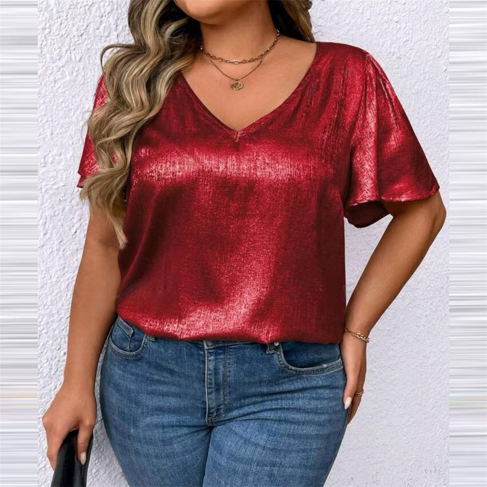 

Футболки для женщин, плиссированные, с R-образным вырезом, нарядные, повседневные, блузки с принтом, короткие рукава, летние топы, свободный крой XXXL винный