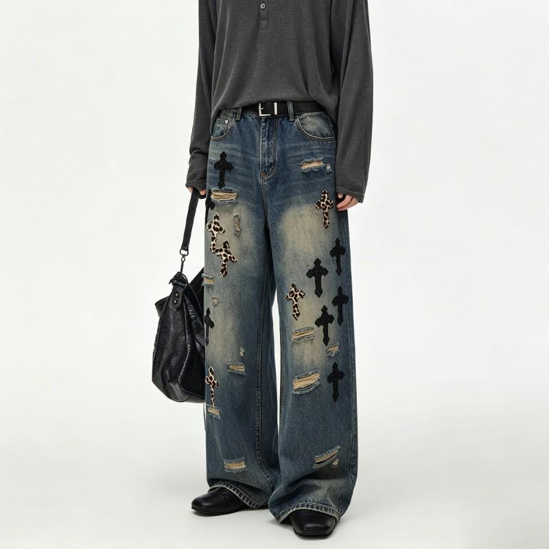 Mens Vintage Distressed Wide Leg Denim Jeans With Leopard Print Patchwork Raw Hem