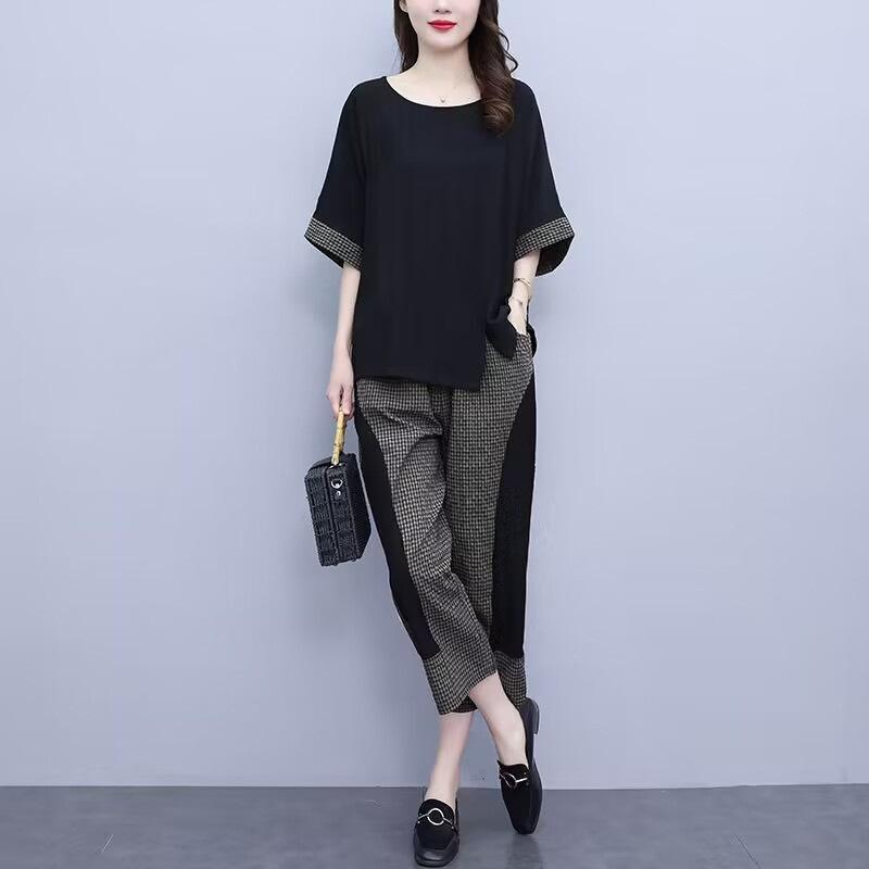 

Женский летний спортивный костюм, комплект из 2 предметов, повседневная одежда с круглым вырезом, мягкий модный контрастный цвет, женский летний спортивный костюм, женская одежда больших размеров L чёрный