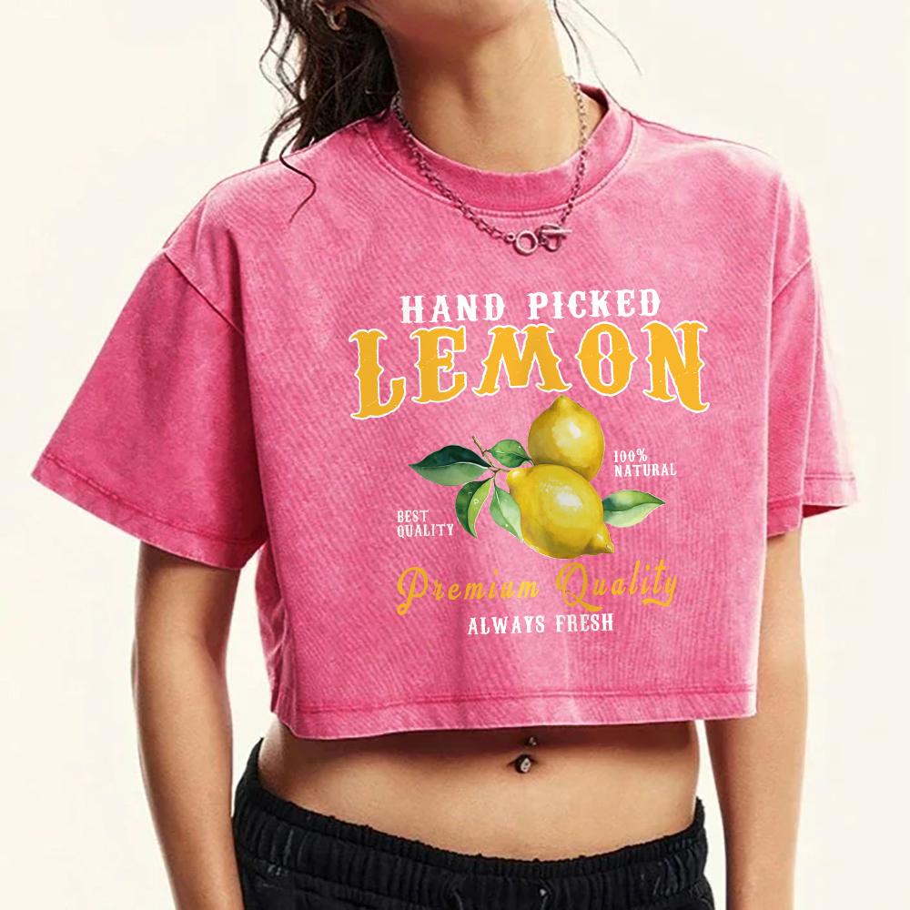 Ručně sbírané citrony Vždy čerstvý potisk Dámská praná crop trička Trendy ležérní trička Letní bavlněné volné topy