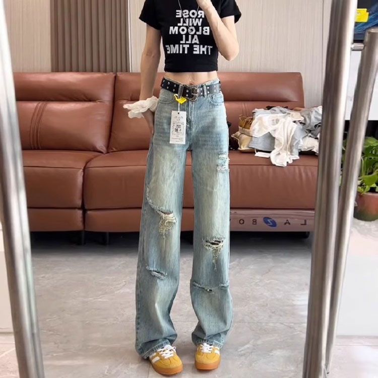 Comfortable Blue Vintage Broken Holes Wide Leg Jeans Women High Waist Thin Drapey Straight Trailing Floor Trousers Jeans for Women Long Denim Pants