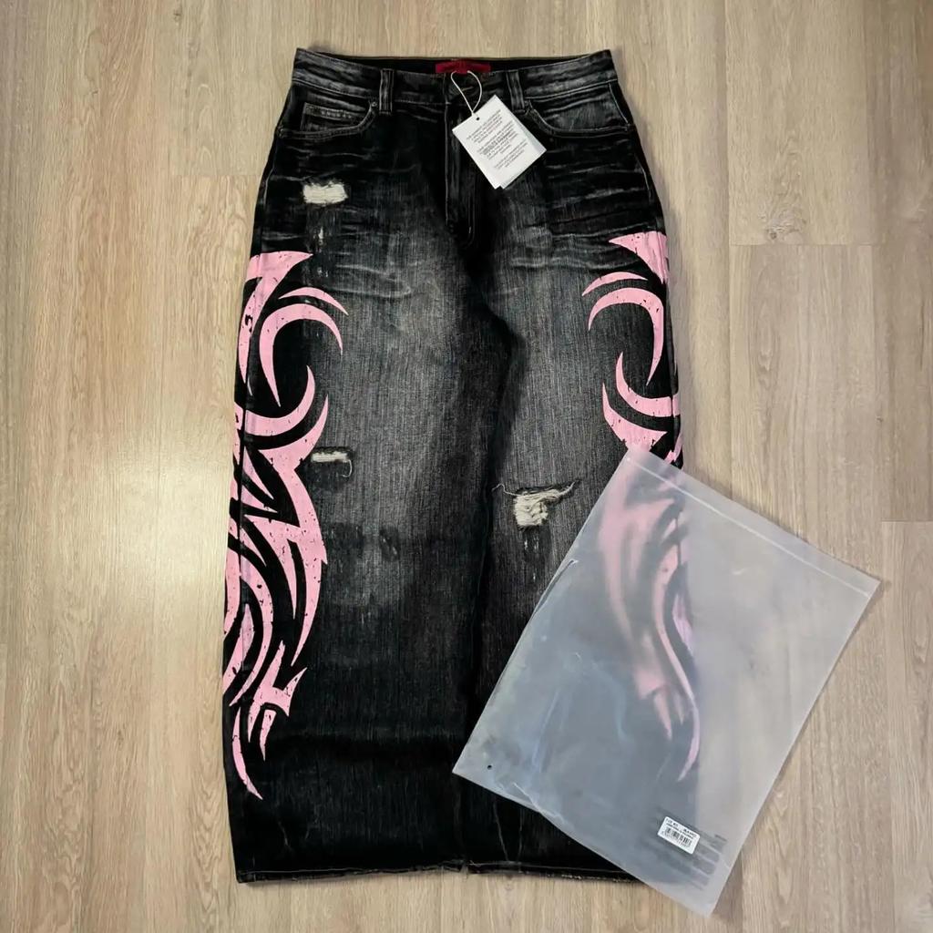 RogueWave Y2K Rosa Baggy Jeans Vintage Trykkmønster Vasket Ripped Jeans Hip Hop Streetwear Harajuku Menn Kvinner Casual Vide Ben Jeans