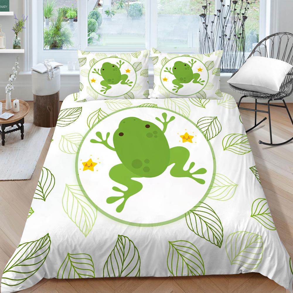3D High-definition Printed Frog Pattern Bedding Set with Fresh Green Animal Down Duvet and Pillowcase 2/3 Pieces AU/DE/US/UK Home Decoration