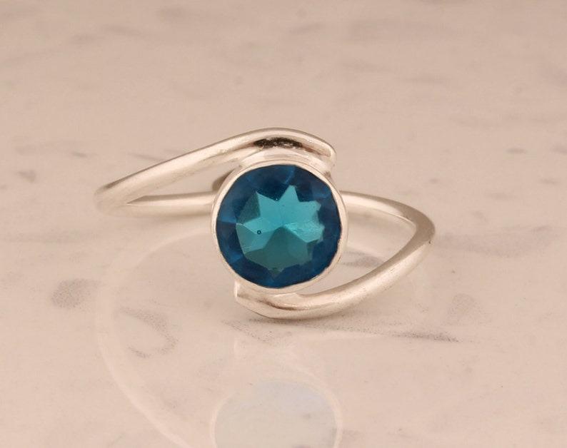 Solid 925 Sterling Silver Blue Topaz Round Gemstone Handmade Designer Ring Stacking Ring Gift For Her