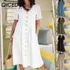 QICED Women Summer Casual Cotton V-Neck Short Sleeve Button Dress