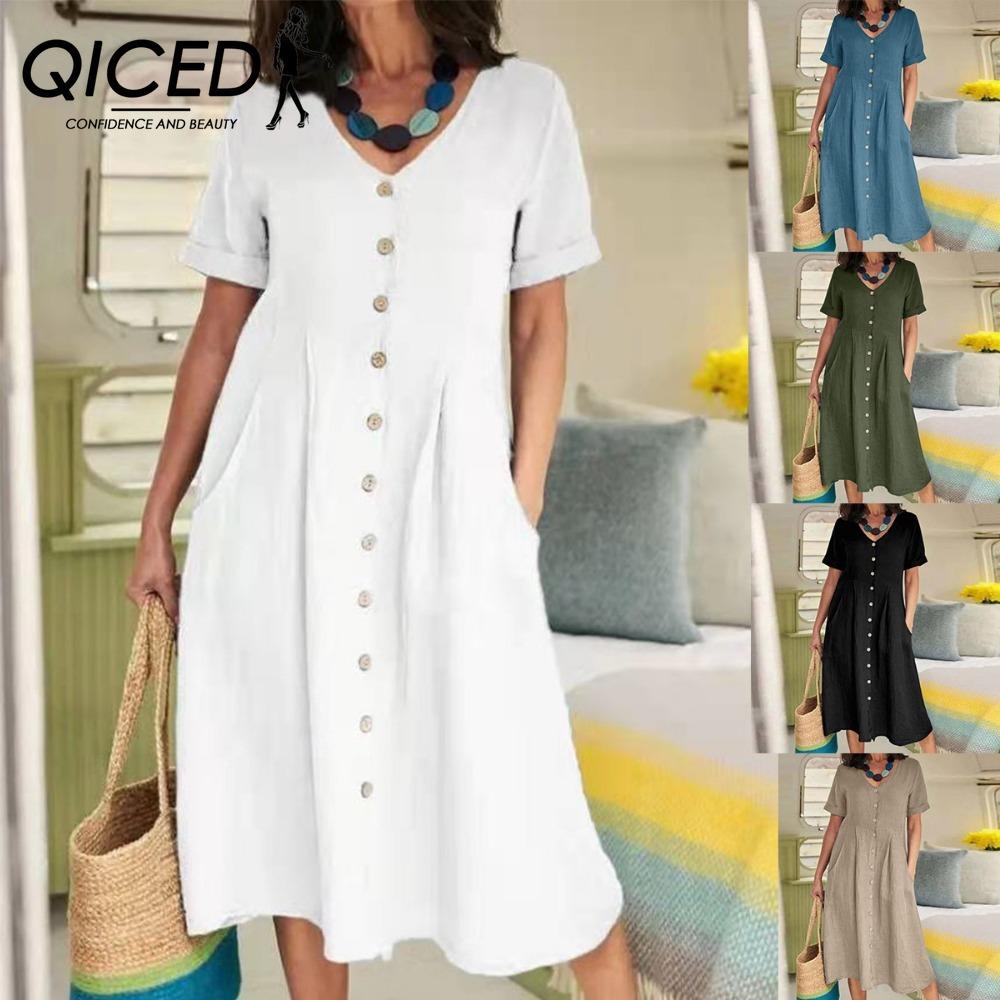 QICED Women Summer Casual Cotton V-Neck Short Sleeve Button Dress